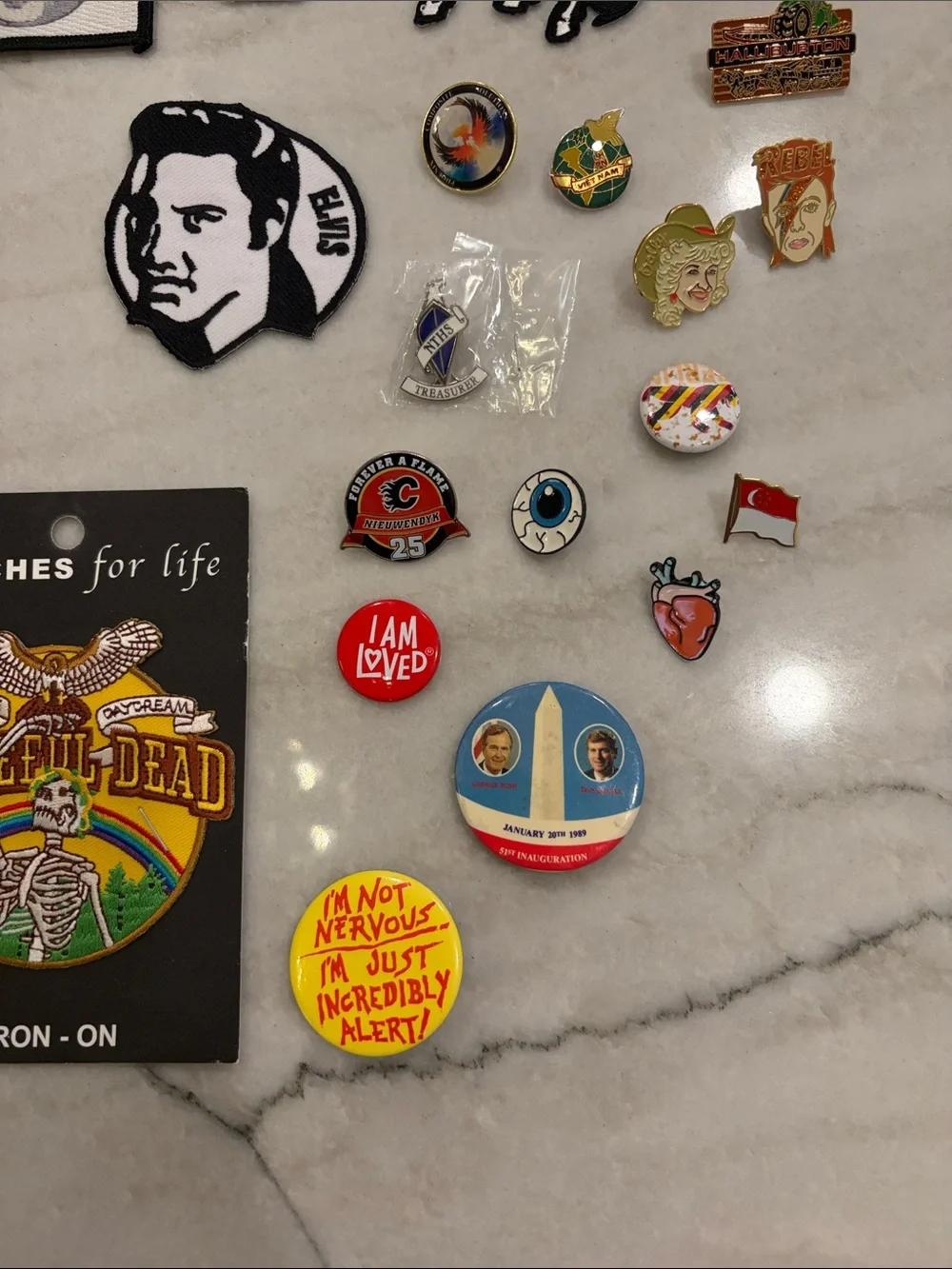 28 piece Assorted Iron-On Patches and Enamel Pins - Multi-Color Patch Collection
